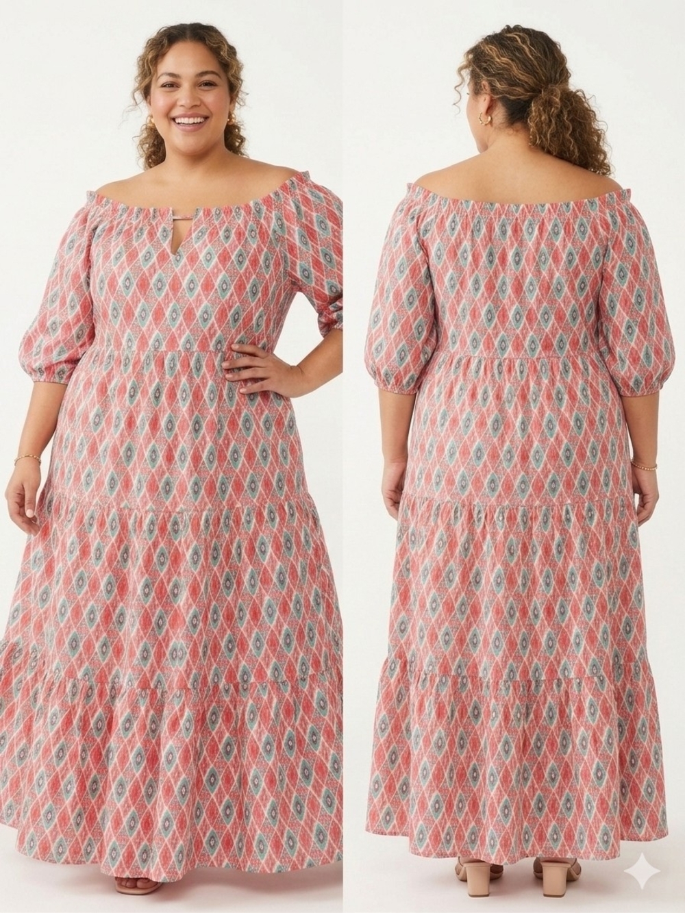 Off-the-Shoulder Coral Diamond-Print Maxi Dress